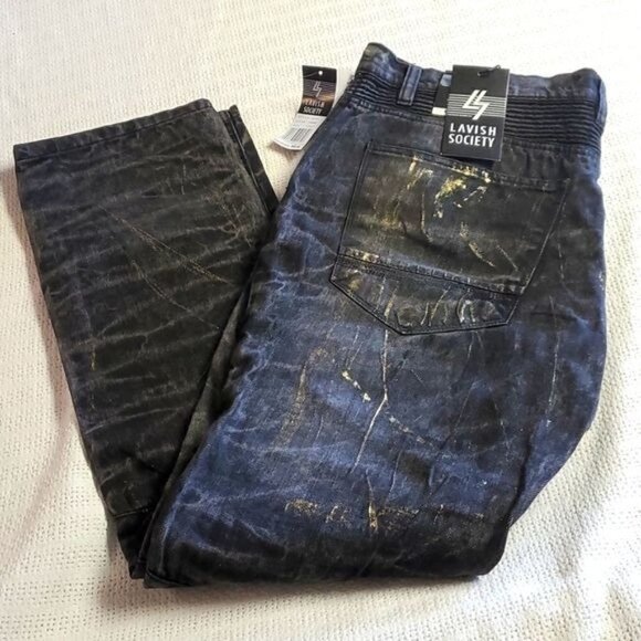 Lavish‎ Society Jet Black Gold Original Distressed Sz 40x32 Jeans w Pockets - Picture 1 of 9
